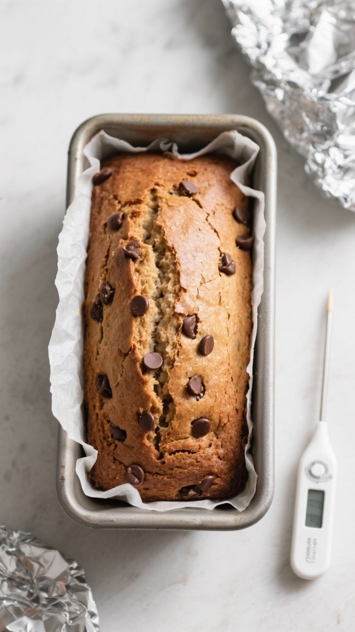 Cooking process: Overhead shot of the prepared loaf just out of the oven in a parchment-lined 9x5-in