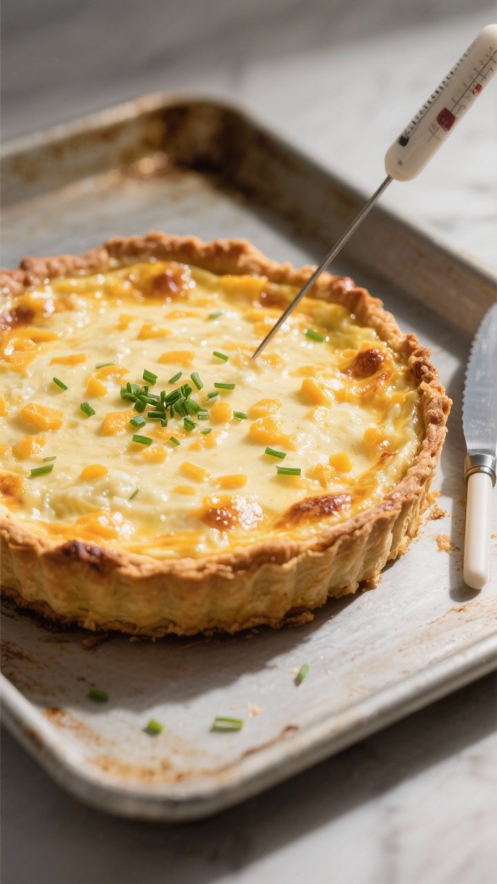 Cooking process: Overhead shot of the quiche just out of the oven on a baking sheet, custard set wit