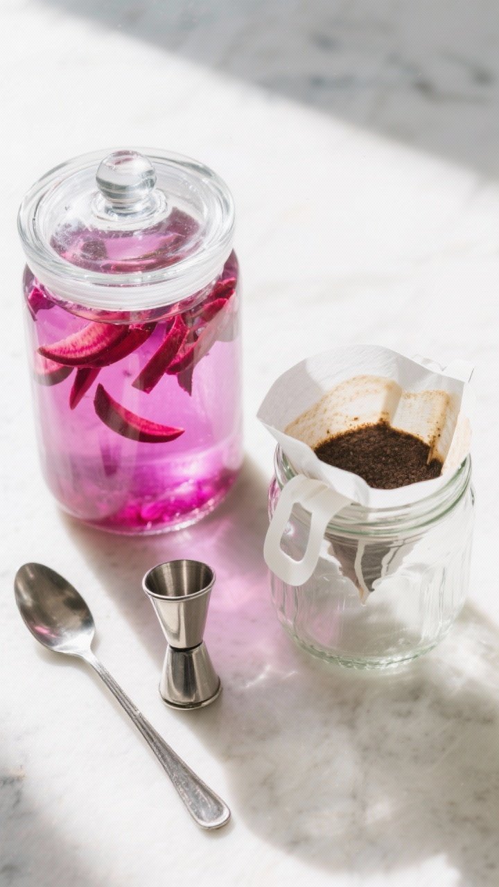 Cooking process: Overhead shot of the quick beetroot infusion in a clear lidded jar, showing the gin