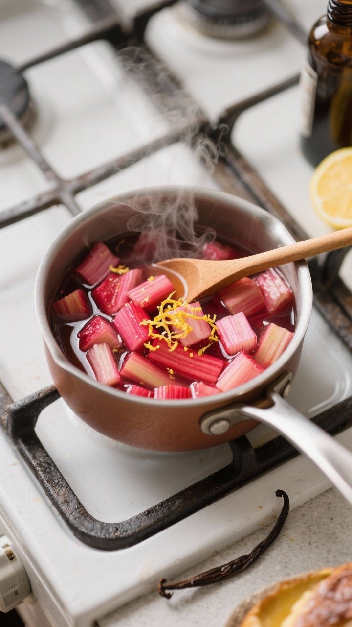 Cooking process: Overhead shot of the rhubarb topping simmering in a small saucepan mid-cook, showin