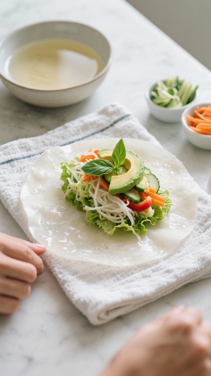 Cooking process: Overhead shot of the rolling station mid-assembly—one softened rice paper wrapper