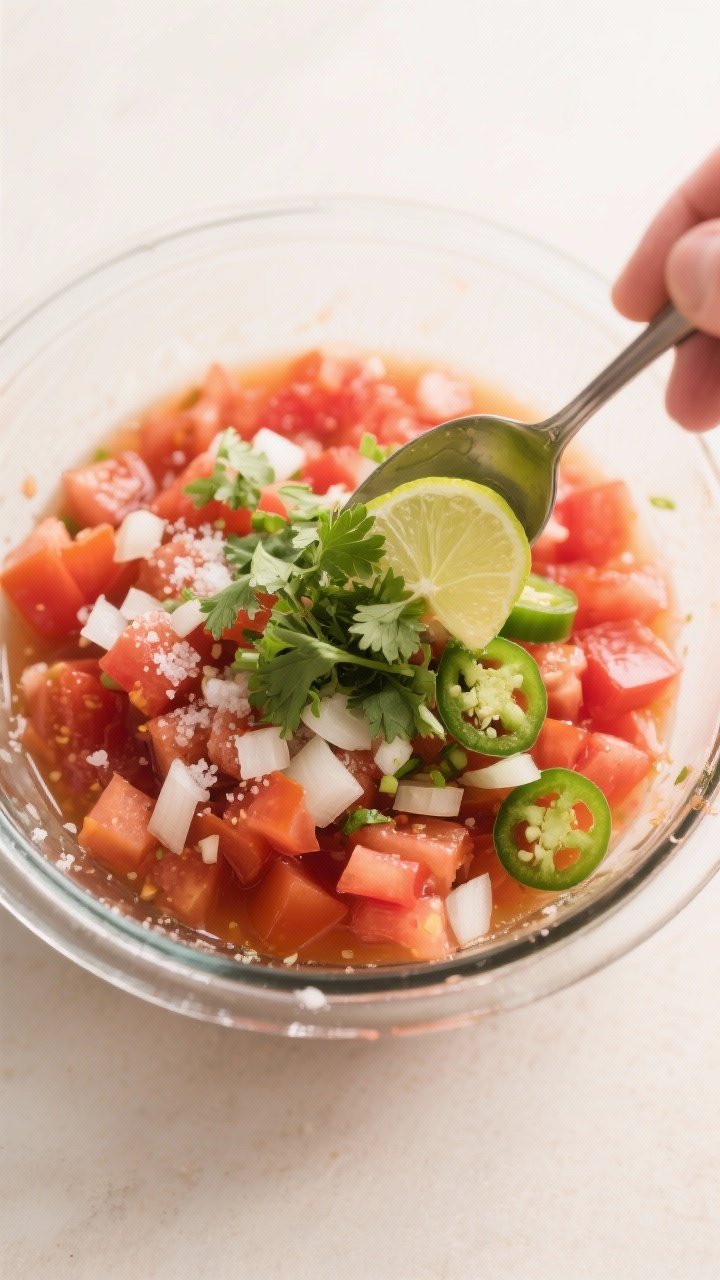 Cooking process: Overhead shot of the salsa base after salting and resting—prepared mixture of dic