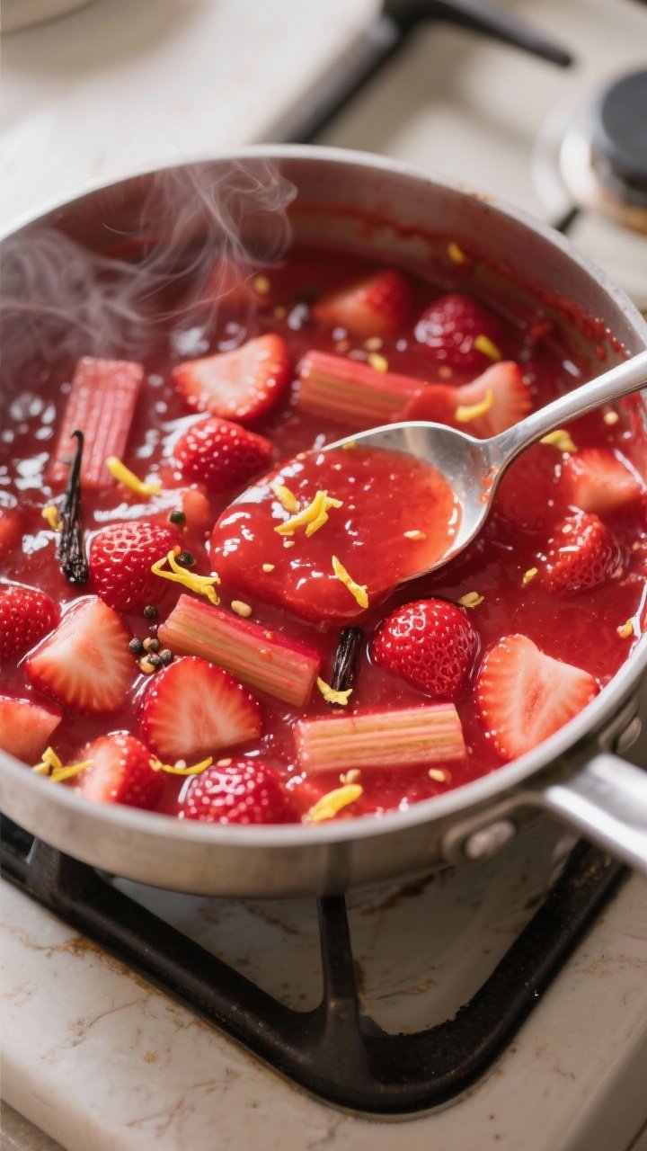 Cooking process: Overhead shot of the thick, glossy strawberry-rhubarb filling in a saucepan after t