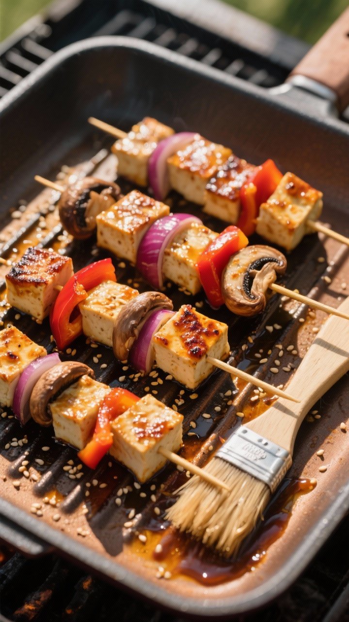 Cooking process: Overhead shot of tofu skewers on the braai, threaded with red onion, bell pepper, a