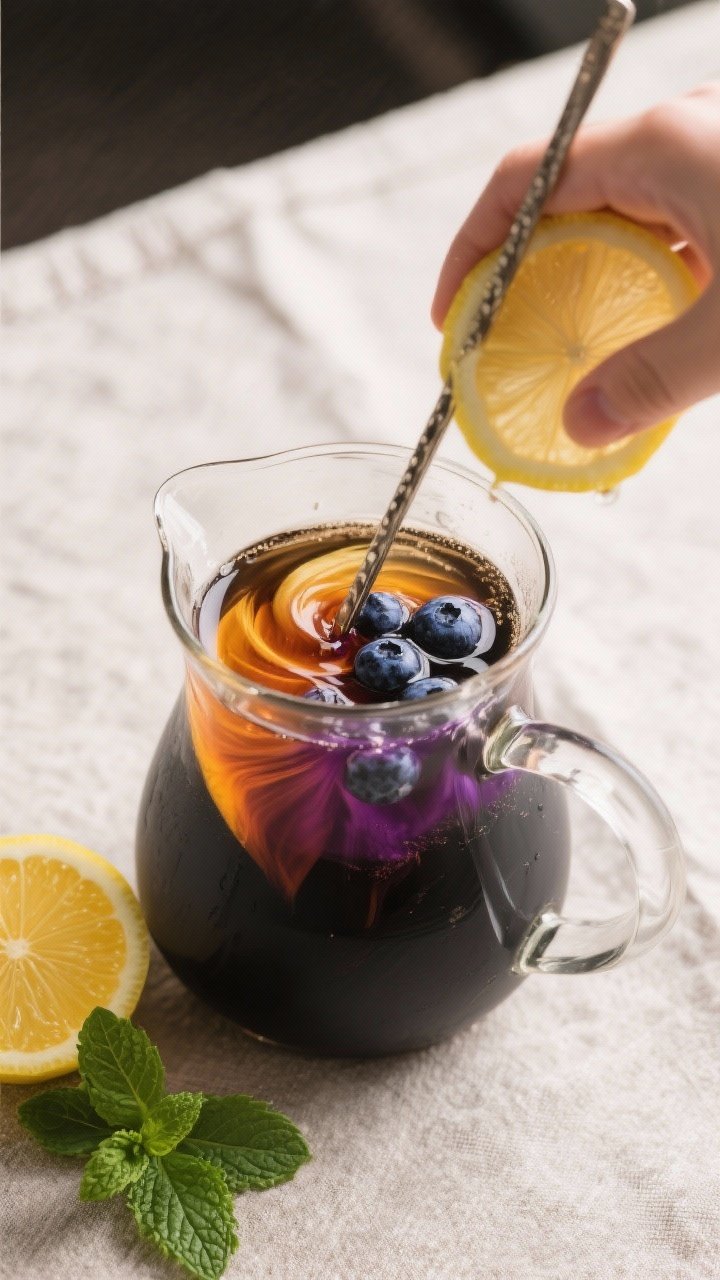 Cooking process: Overhead shot of warm black tea in a clear glass pitcher as the vibrant blueberry s