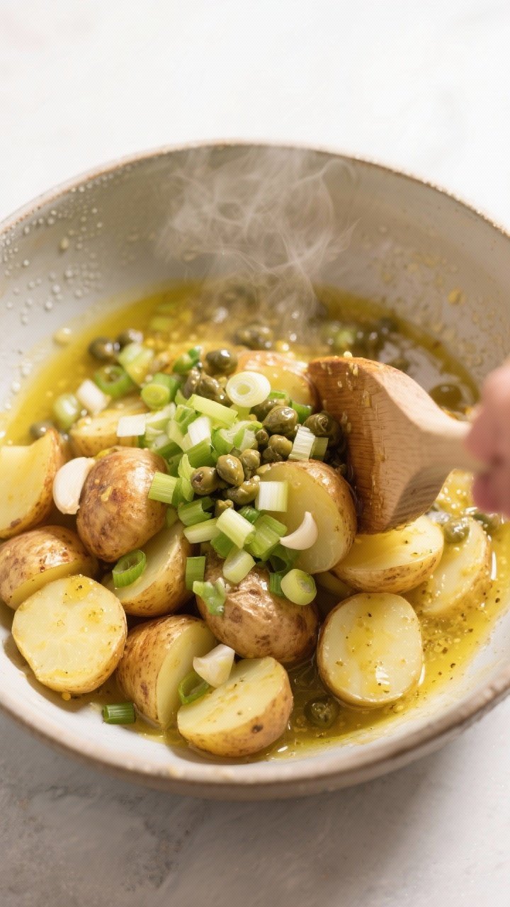 Cooking process: Overhead shot of warm potatoes in a large mixing bowl as two-thirds of the lemon-Di