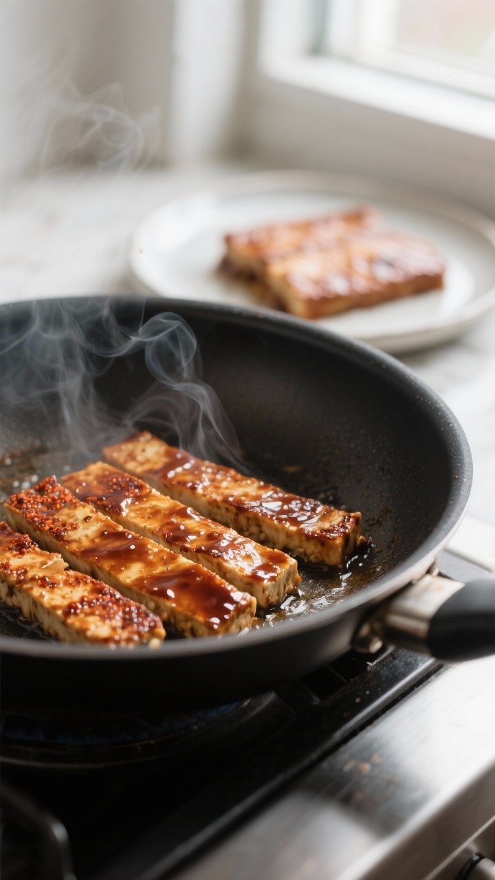 Cooking process: Pan-seared marinated tempeh strips sizzling in a nonstick skillet, edges caramelize