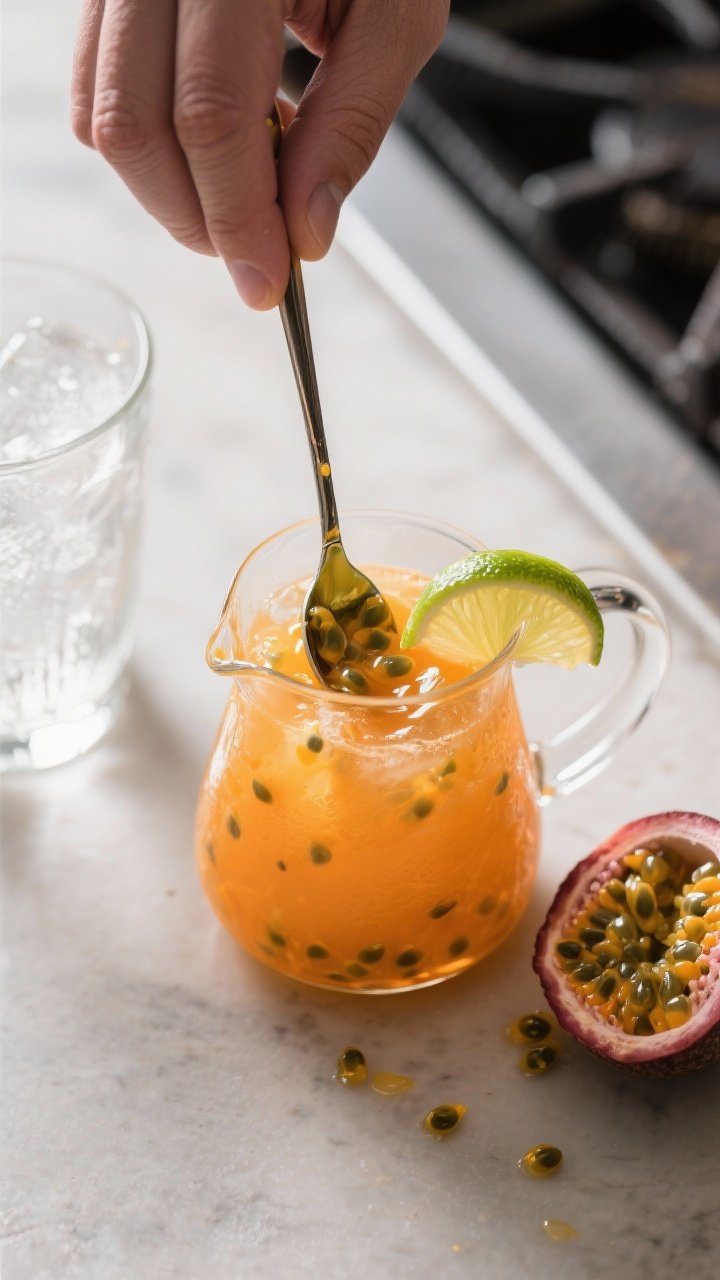 Cooking process: Passion fruit base being mixed in a small glass pitcher—vibrant orange pulp combi