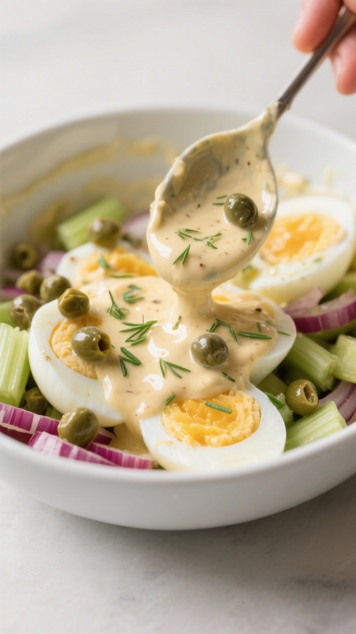Cooking process — peeled hard-boiled eggs being gently folded into a creamy Dijon dressing with ch