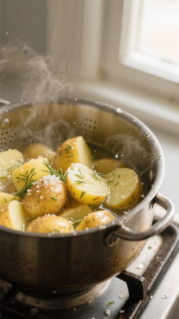 Cooking process – potatoes post-boil: Warm, steam-drying potato chunks in a wide pot after drainin