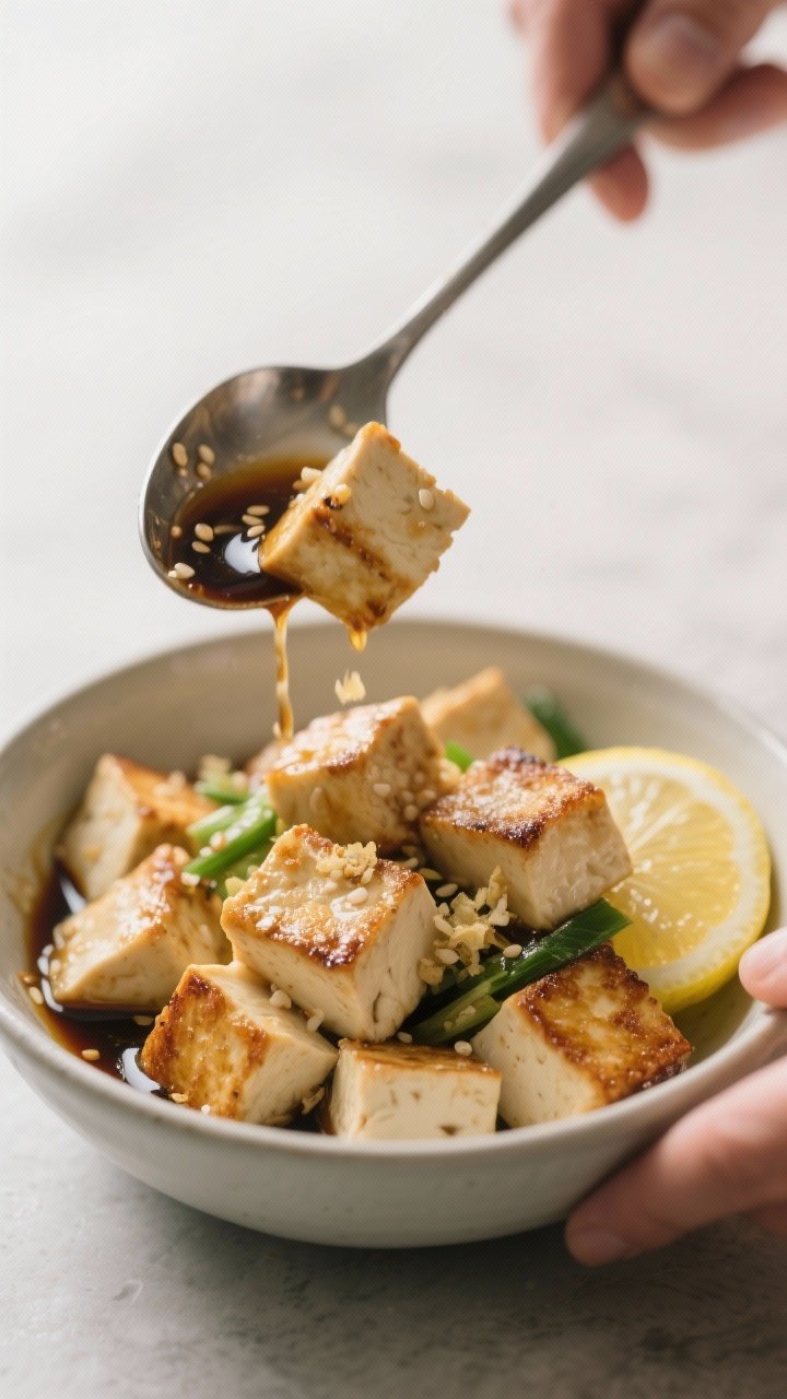 Cooking process: Pressed, pan-seared tofu cubes just turned golden on the edges being gently tossed