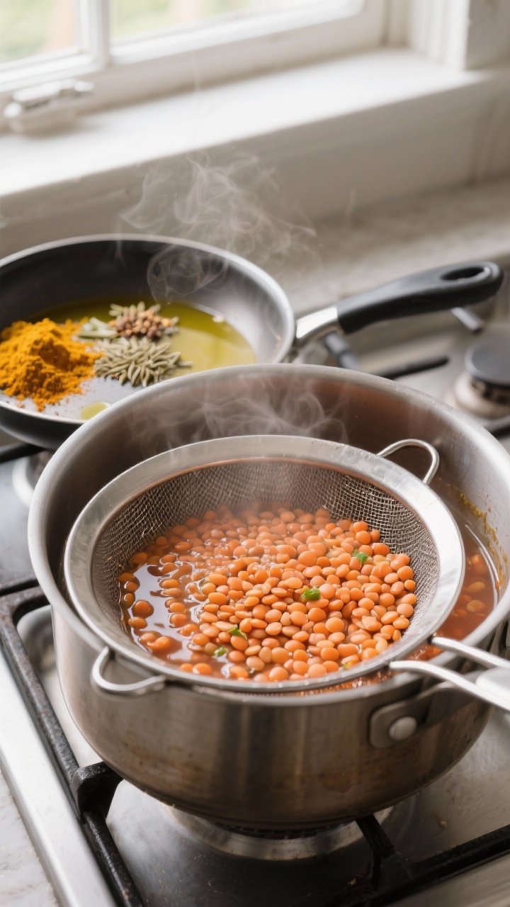 Cooking process: Red lentils simmered until very soft, then just-drained and steaming in a mesh stra