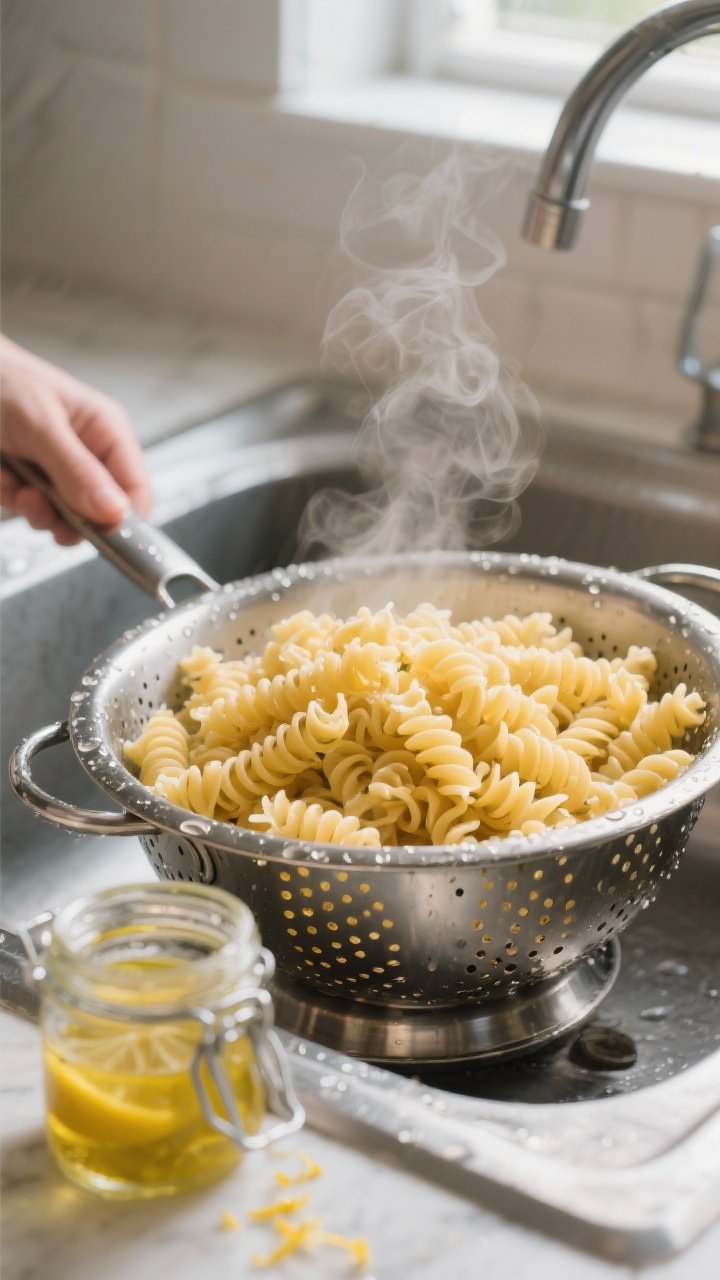 Cooking process — Rinsed, al dente rotini cooling in a metal colander over the sink, steam faintly