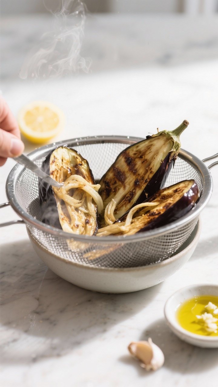 Cooking process: Roasted eggplants split open and steaming, flesh scooped into a fine-mesh colander 