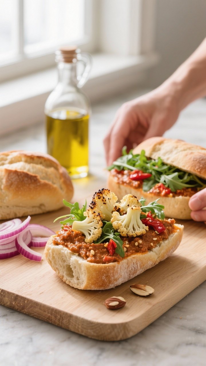 Cooking process: Rustic ciabatta rolls being assembled with a thick, textured layer of romesco sauce