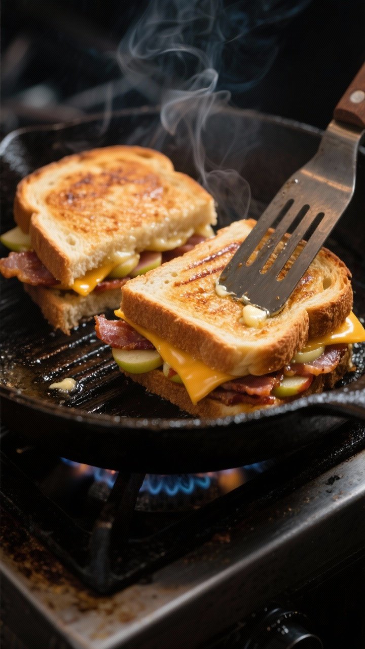 Cooking process: Sandwiches grilling low and slow on a cast-iron skillet, buttered bread toasting to