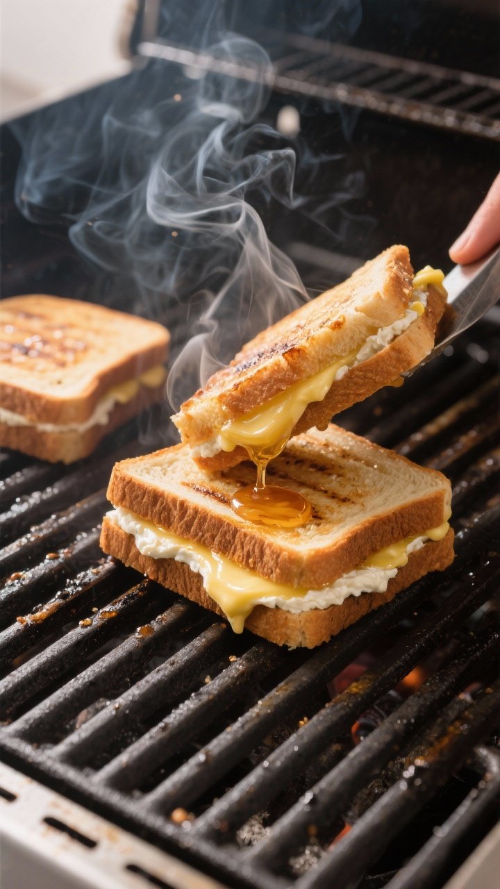 Cooking process: Sandwiches on a medium-heat grill grate, buttered sides facing out, mid-flip with v