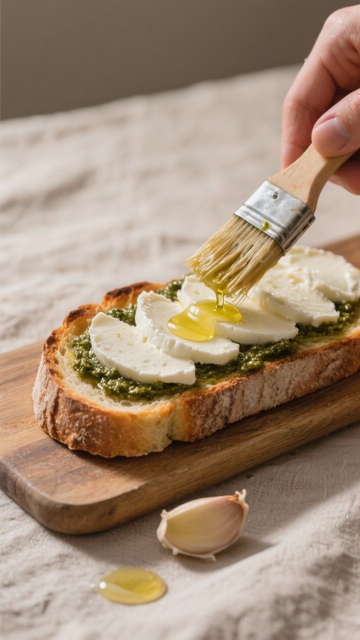 Cooking process scene: the bottom slice of toasted sourdough on a board being brushed/drizzled with