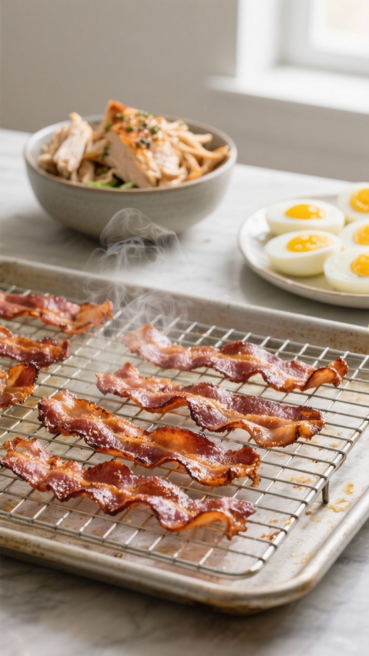 Cooking process shot: crisp oven-baked bacon cooling on a wire rack over a sheet pan, with steam jus