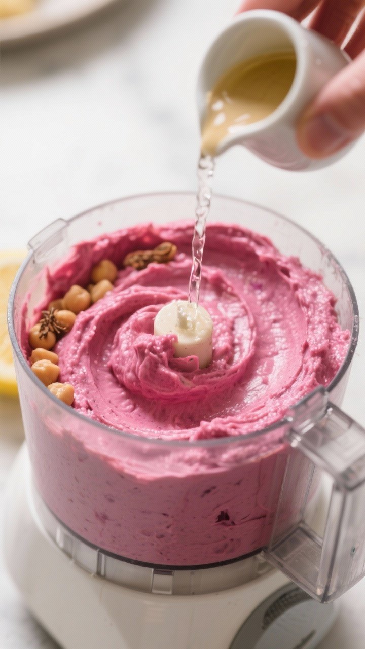 Cooking process shot: Roasted beetroot hummus base blending in a food processor — a vivid pink pur