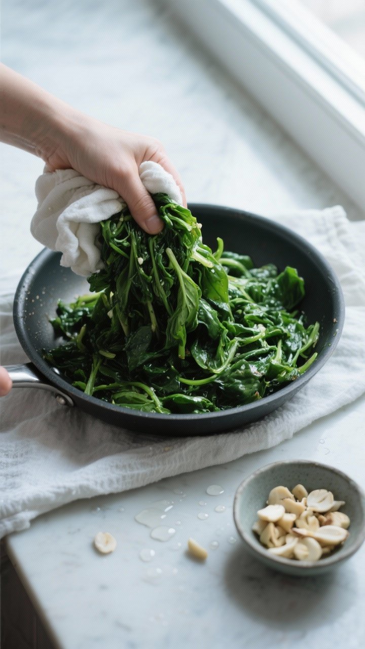 Cooking process shot: sautéed, wilted spinach being squeezed dry in a clean kitchen towel, with the