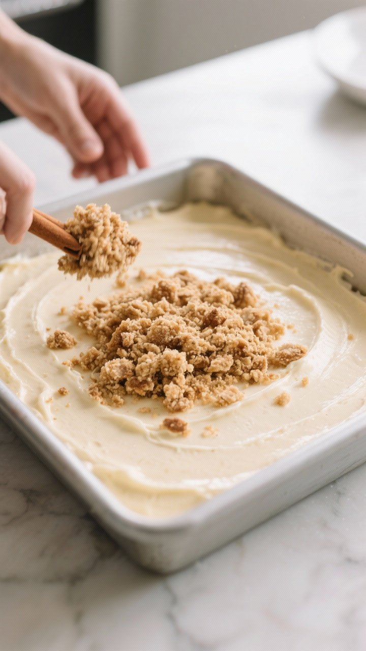 Cooking process shot: the assembled cake just before baking, showing the batter spread evenly in the
