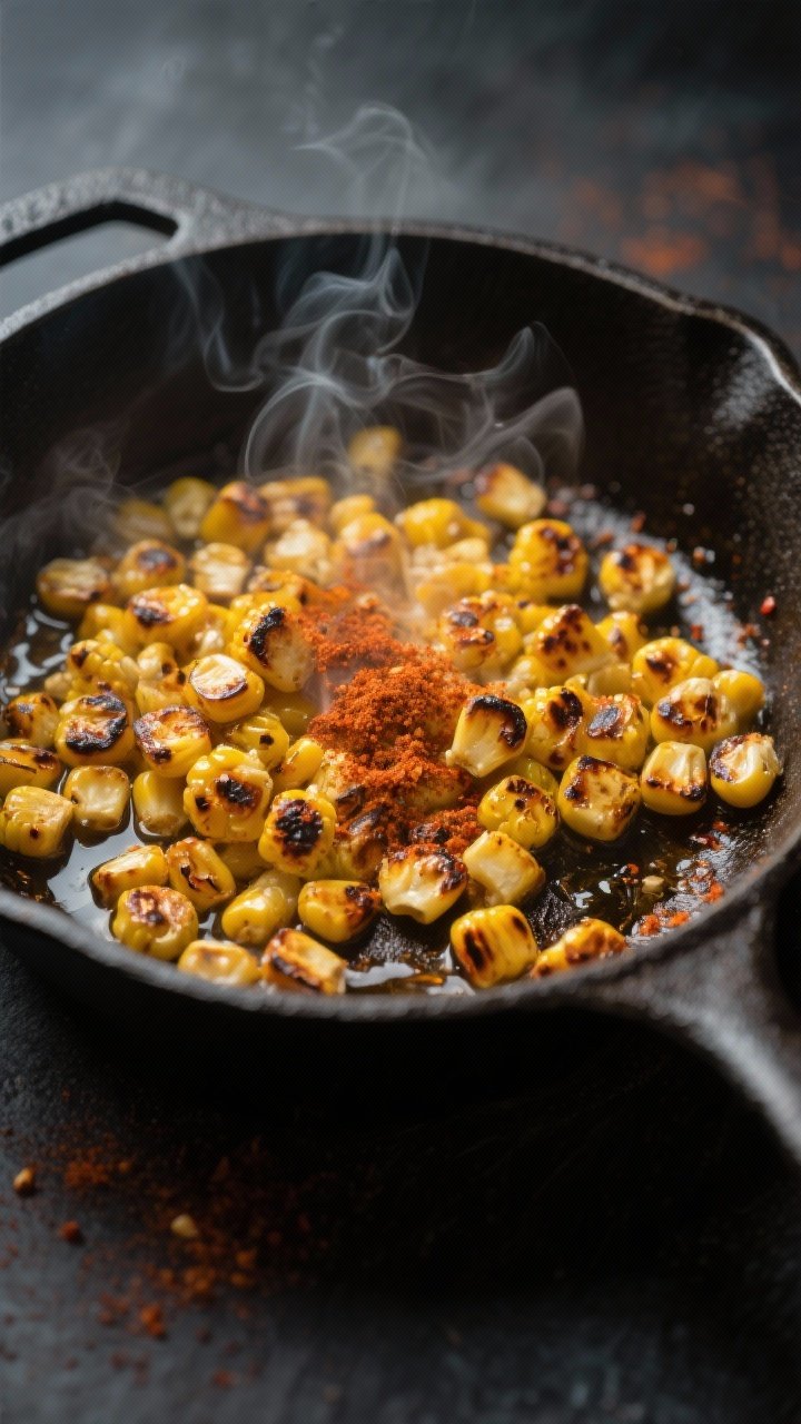 Cooking process: Skillet-charred corn kernels sizzling in a single, uncrowded layer, deep golden-bro