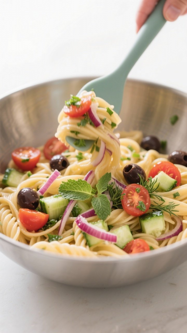 Cooking process: Slightly warm pasta being folded with the prepared mix-ins—halved cherry tomatoes