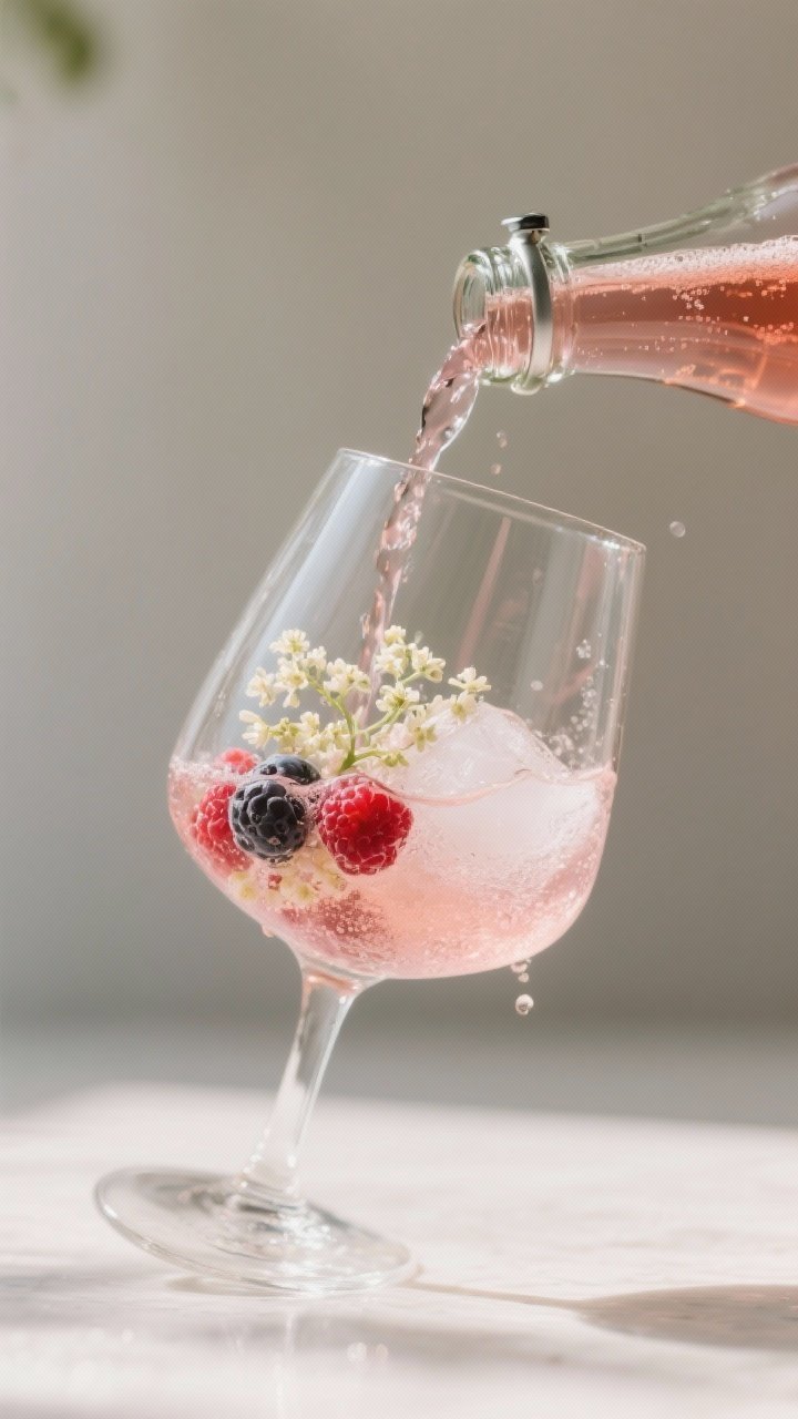 Cooking process: Slow pour of chilled sparkling rosé down the side of a tilted stemless spritz glas