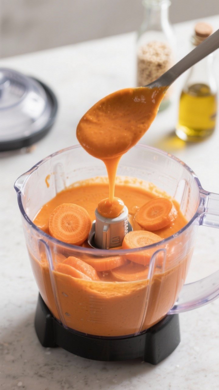 Cooking process: Steamed carrot coins just blended into a velvety dressing inside a high-speed blend