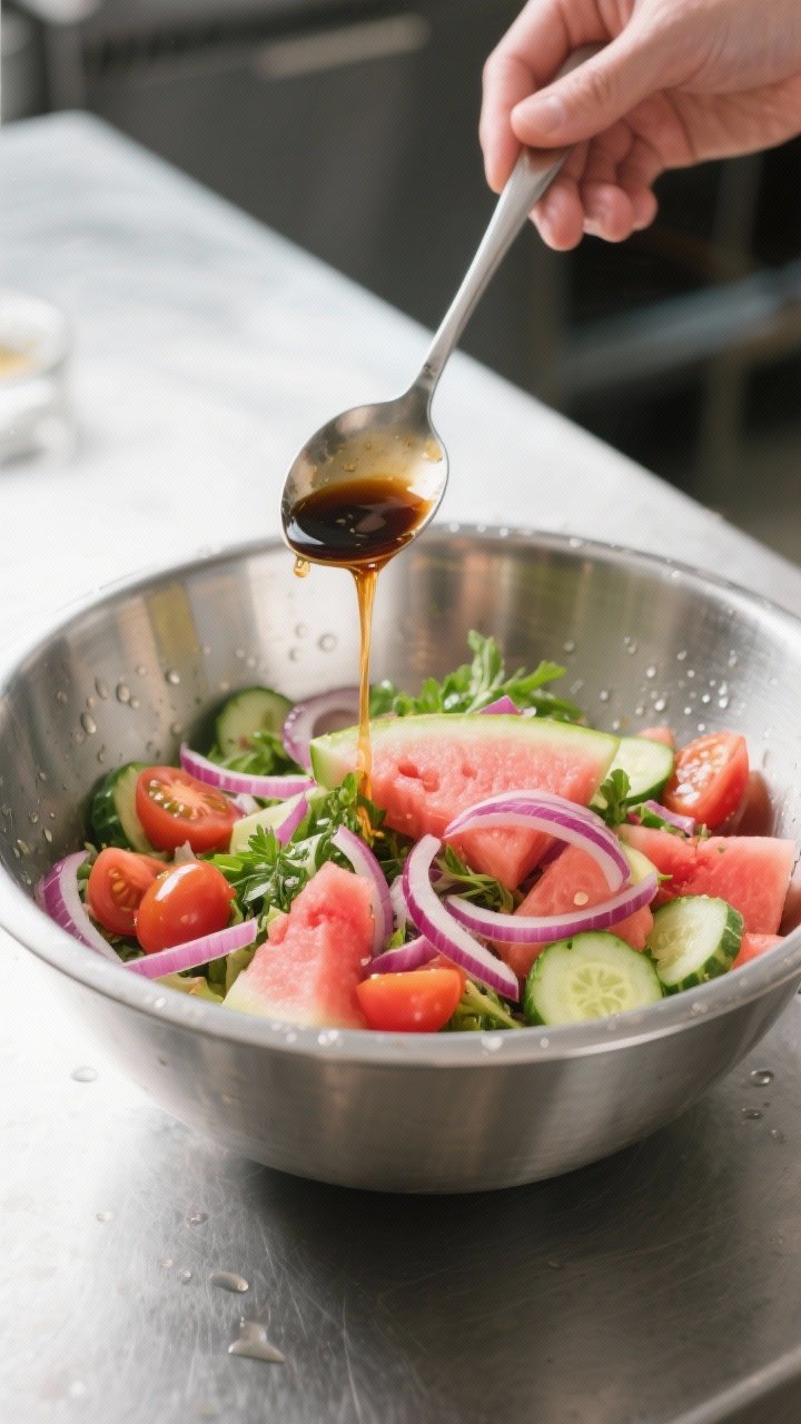 Cooking process: The assembled salad being gently tossed in a wide stainless-steel mixing bowl with 