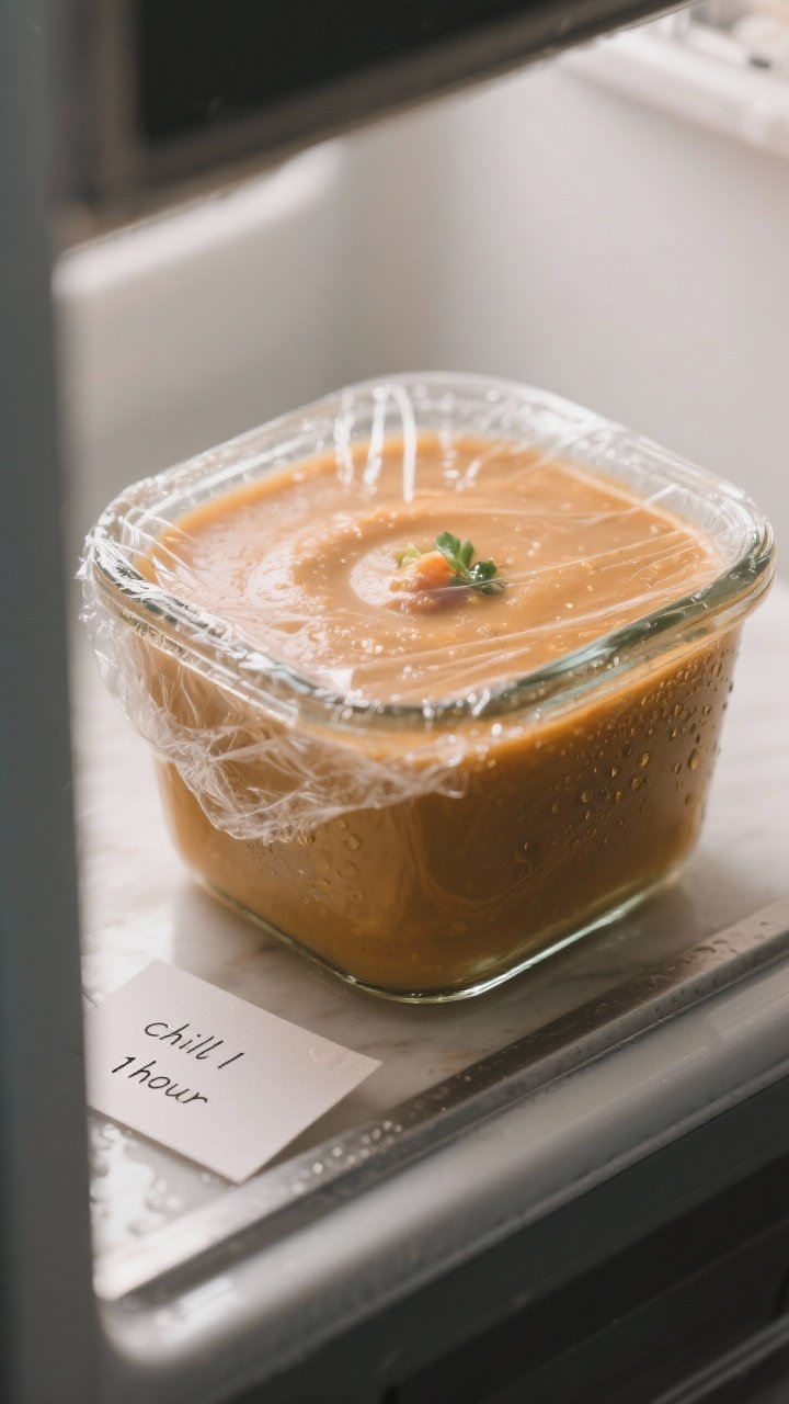 Cooking process: The blended soup resting in a glass container during the chill step, condensation o