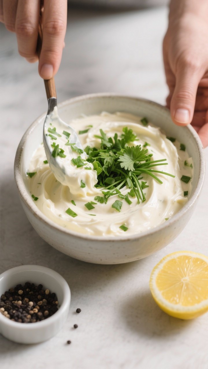 Cooking process: The dip being finished in a mixing bowl as chopped fresh herbs (parsley and chives)