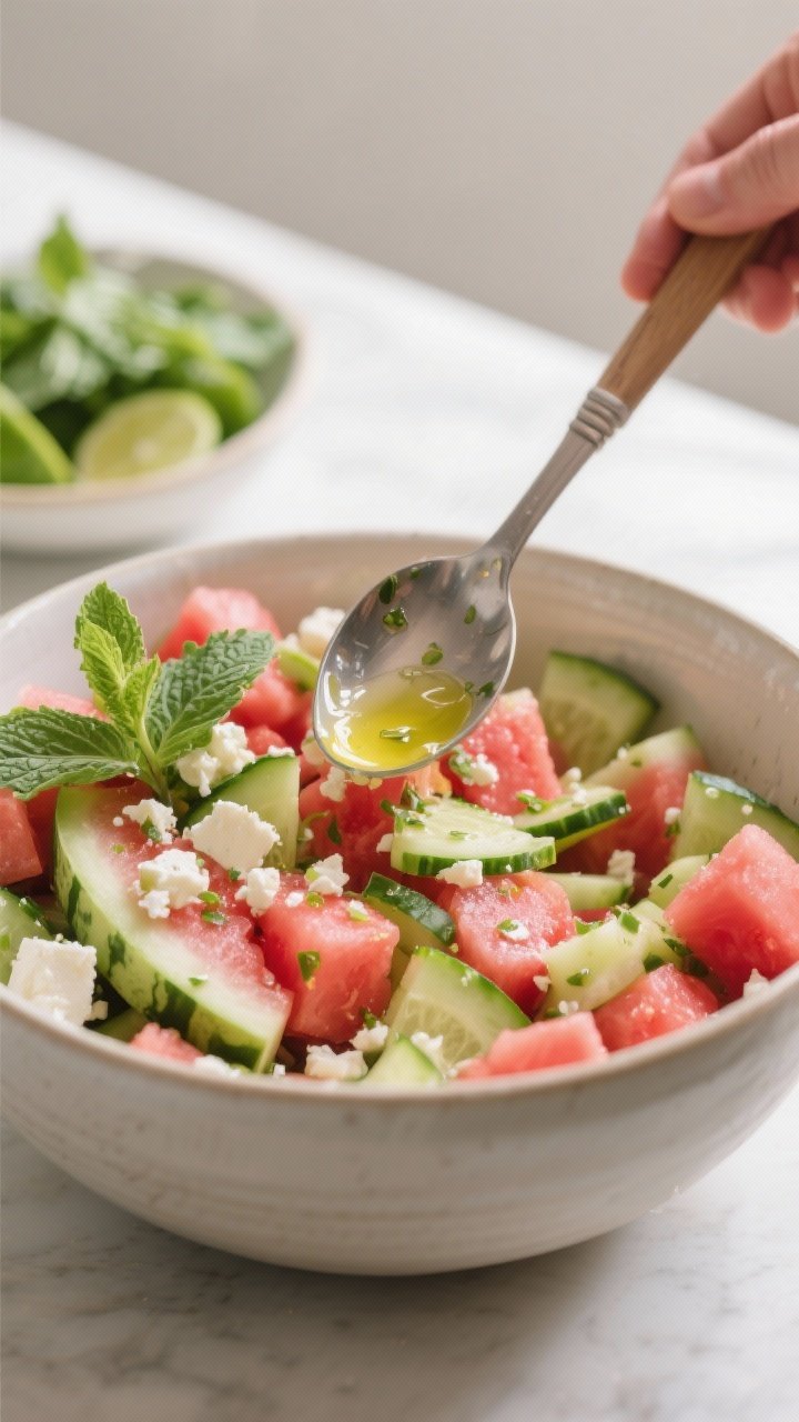 Cooking process: The dressed watermelon and thinly sliced English cucumber being gently tossed in a 