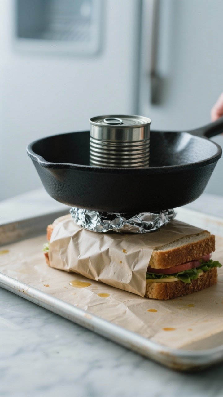 Cooking process: The fully assembled sandwich tightly wrapped in parchment then foil on a baking she