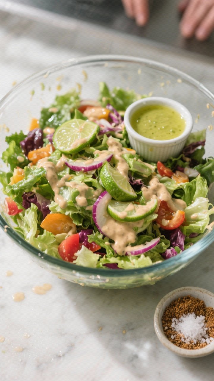 Cooking process: The mixed salad resting for 5–10 minutes in a glass mixing bowl, dressing visibly