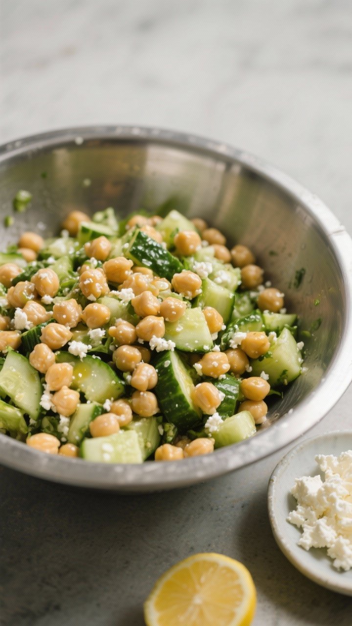 Cooking process: The salad resting stage—prepared chickpea salad (without feta) sitting for 10–1