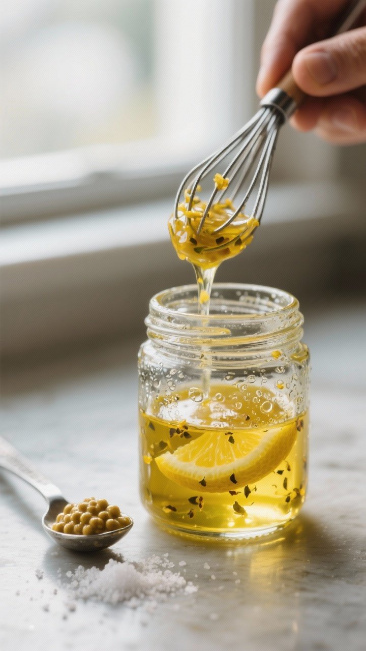 Cooking process: The vinaigrette being whisked in a small glass jar—golden extra-virgin olive oil