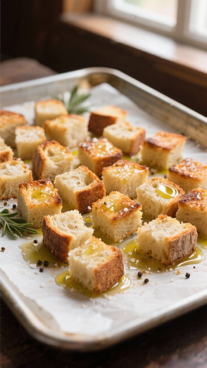 Cooking process: Toasted artisan bread cubes just out of the oven, edges crisp and golden with a gli