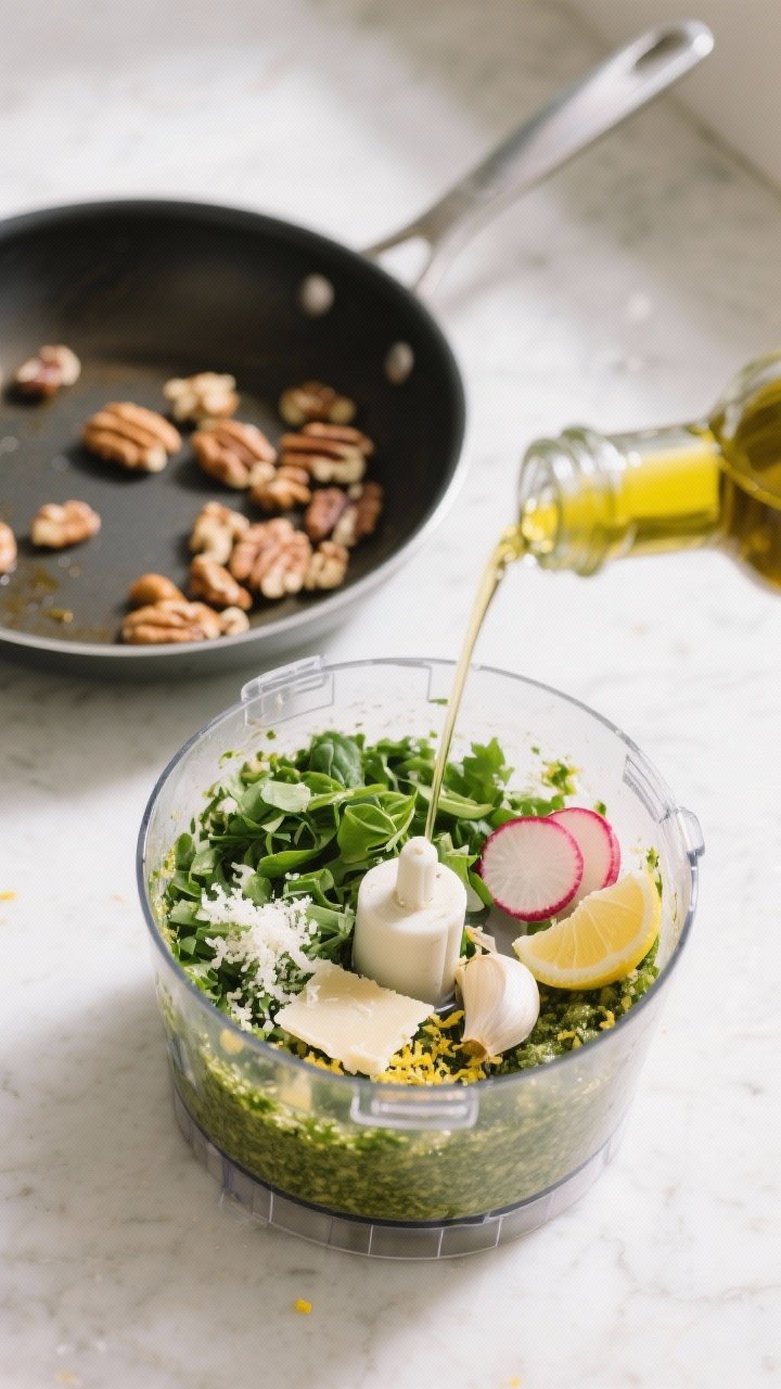 Cooking process: Toasted nuts for the pesto cooling in a small stainless skillet beside a food proce
