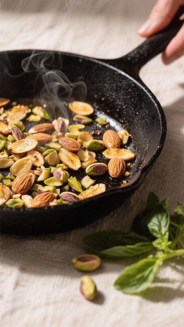 Cooking process: Toasted nuts in action—golden sliced almonds and chopped pistachios cooling in a