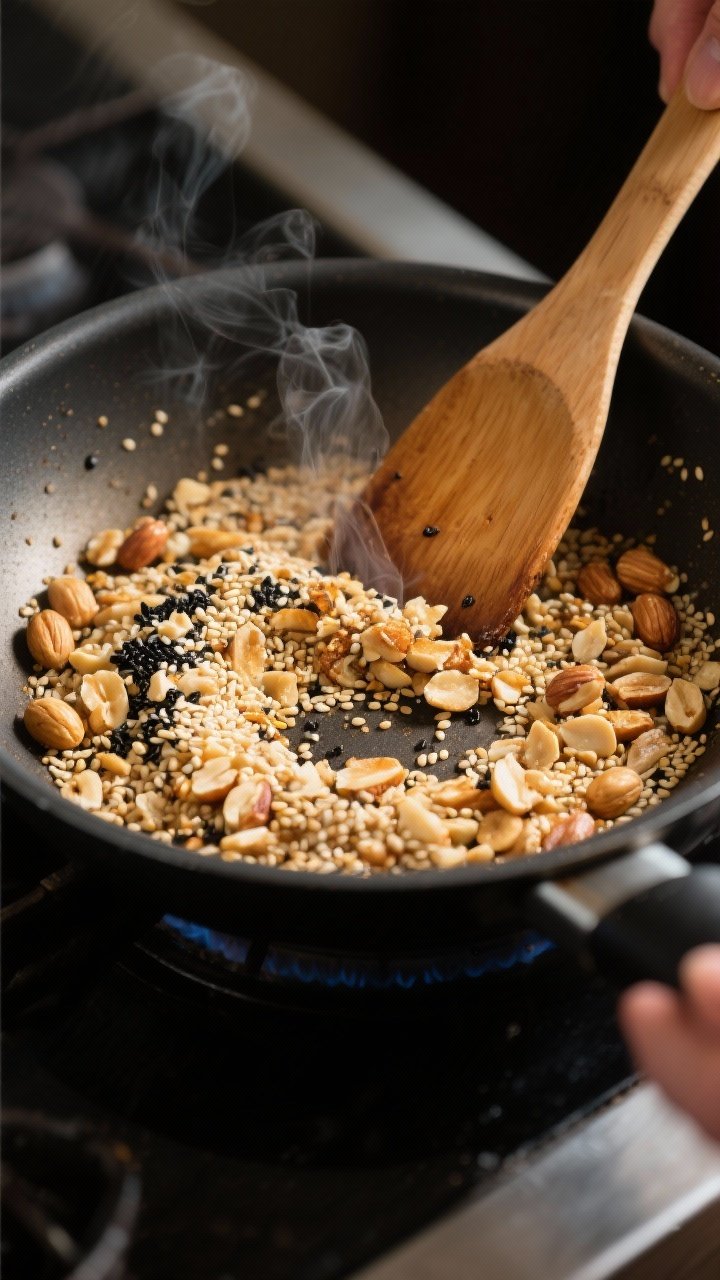 Cooking process: Toasting mix of sesame seeds and roughly chopped peanuts in a dry skillet over medi