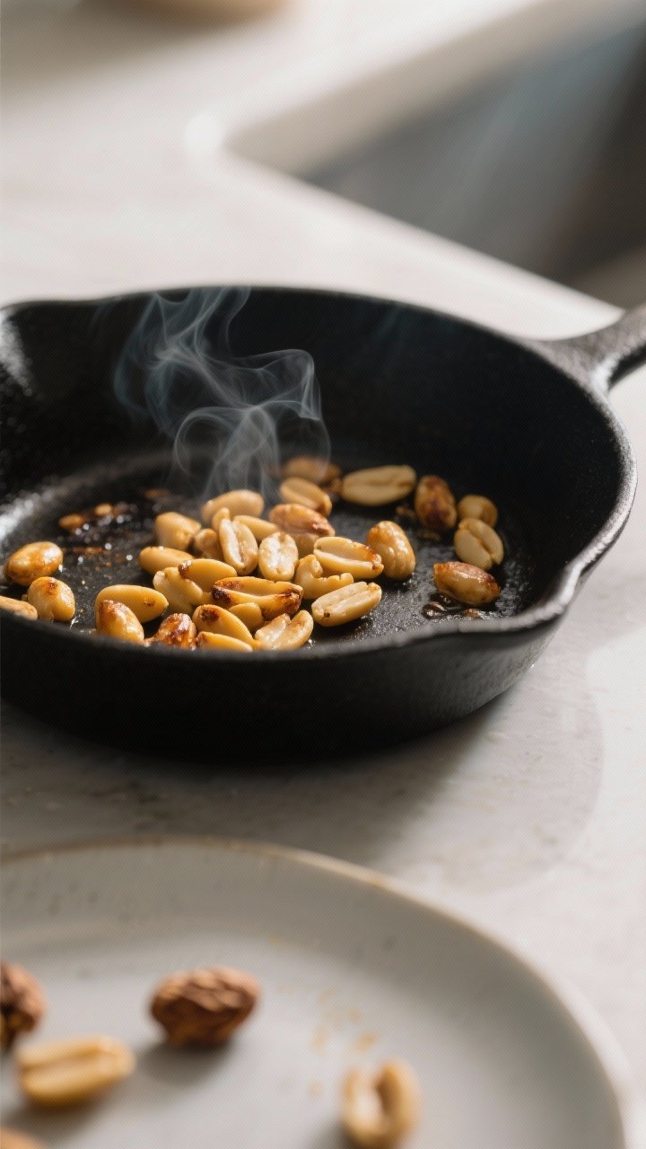 Cooking process — Toasting pine nuts: Close-up of golden toasted pine nuts just off the heat in a