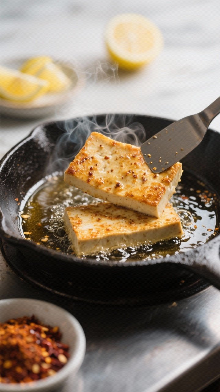 Cooking process: Tofu slabs being fried in a shallow layer of shimmering oil in a cast-iron skillet,