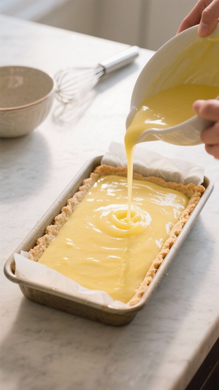 Cooking process: Warm par-baked shortbread crust in a parchment-lined 9x13 pan with a subtle 1/2-inc