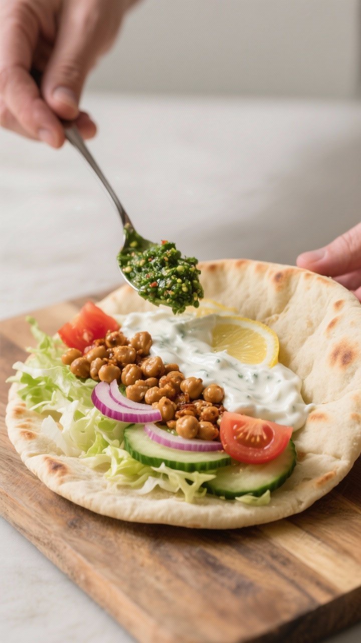 Cooking process: Warm pita being assembled on a board—base slathered with a swoosh of lemon-garlic