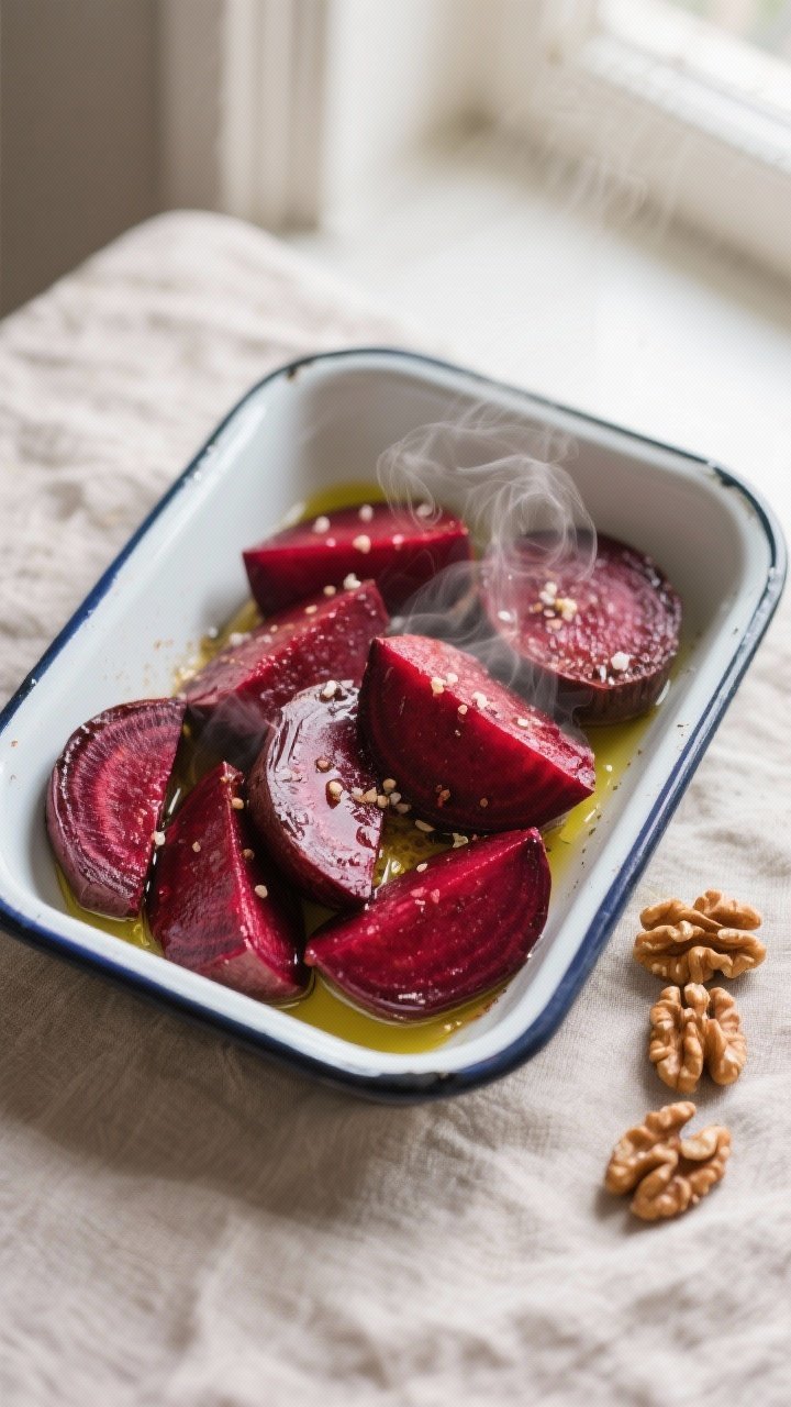 Cooking process: Warm roasted beets just peeled and sliced into glossy wedges, steam still rising, t