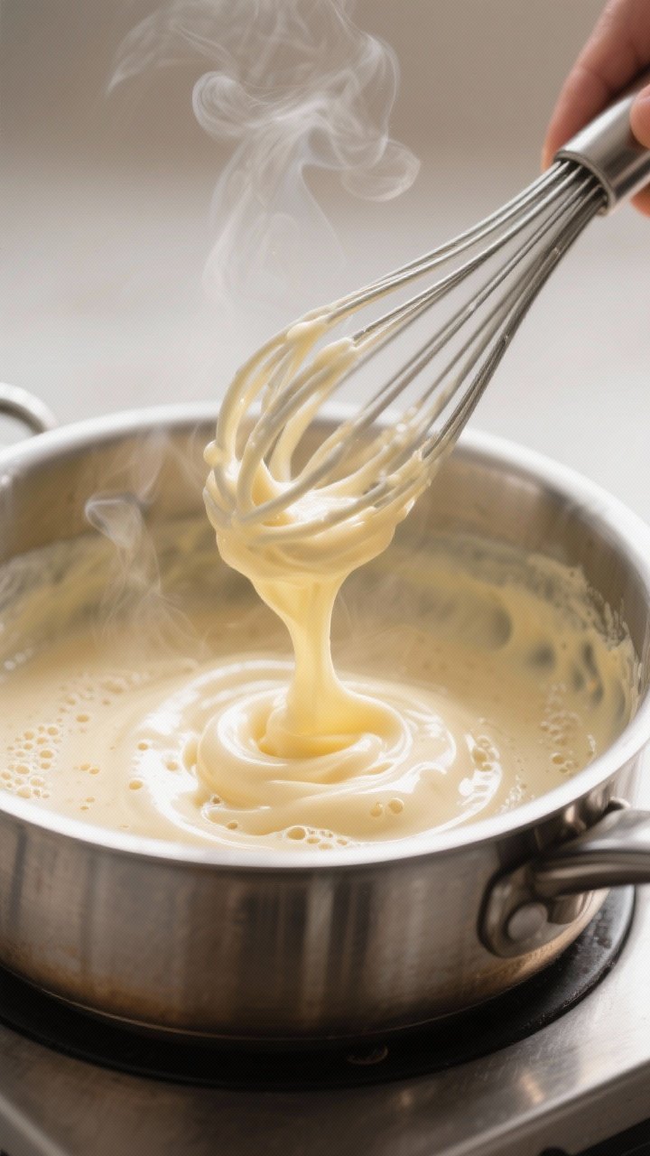 Cooking process: Zabaglione being whisked over a gentle simmer in a double boiler, thick and glossy,