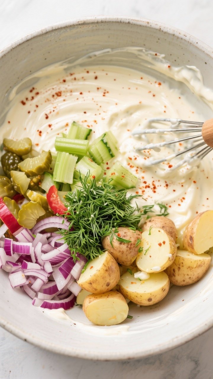 Dressing and mix-ins – combining stage: Overhead shot of a large mixing bowl with creamy dressing