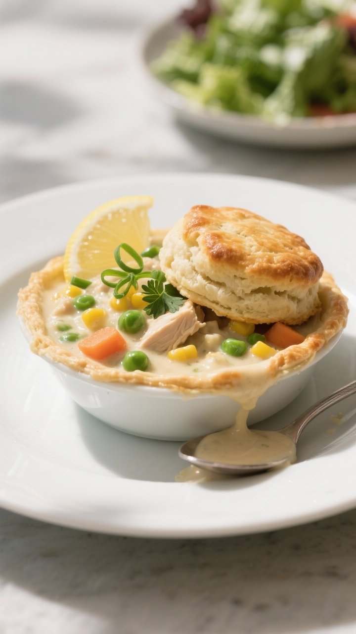 Final dish: Beautifully plated serving of Kula Pot Pie in a shallow white bowl—one biscuit nestled